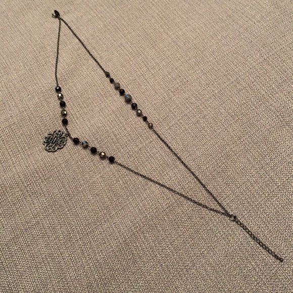 NY Brand Layer Two Tier Necklace Black Gunmetal Chain w/Beads & Pendant - Picture 8 of 11